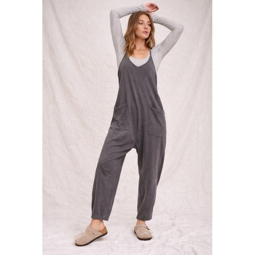 Automet Gray Utility Jumpsuit Spaghetti Strap Zip Pocket Size Large